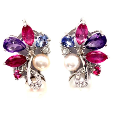 925 Sterling Silver White Pearl, Ruby, Amethyst, Tanzanite & Zircon Earrings - Image 1 of 4