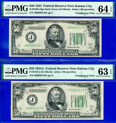 1934 1934A $50 Kansas City Changeover FRN PMG 64 EPQ rare Fr 2102-Jdgs Fr 2103-J - Image 1 of 2