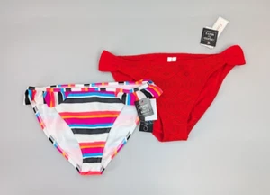 2 Bikini Bottom Women XL Red Crochet Striped Ruffled California Waves Hula Honey - Picture 1 of 17