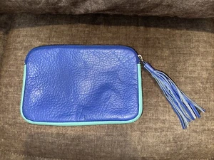 Gap Pebbled Leather Tassel Zip Clutch Purse - Blue Luxury Travel Makeup Pouch - Picture 1 of 5