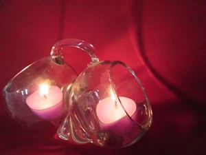 Clear Art Glass 2 Cups Fused Together 1 Handle -Candle Holder Salt Pepper Nuts - Picture 1 of 5