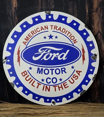 VINTAGE FORD MOTOR CO. BUILT IN THE U.S.A. PORCELAIN DEALERSHIP SIGN 12". - Image 1 of 4