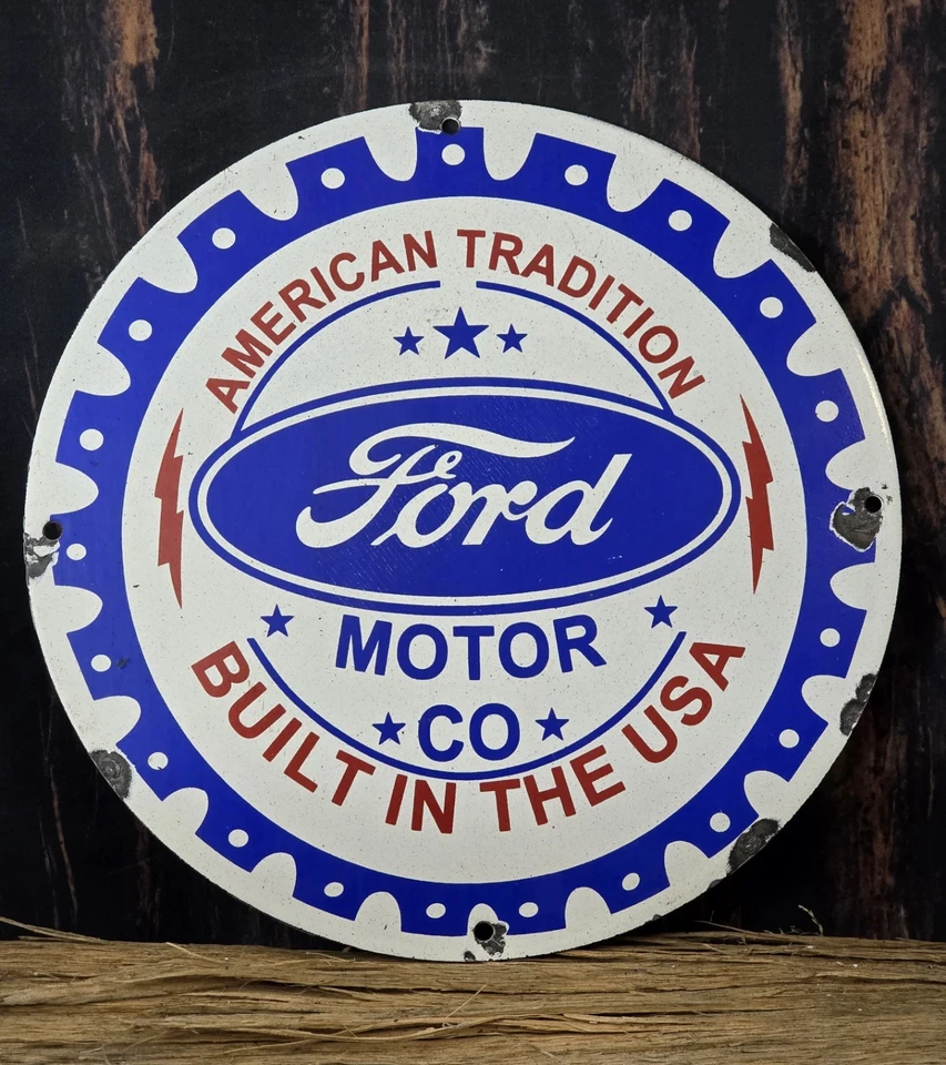 VINTAGE FORD MOTOR CO. BUILT IN THE U.S.A. PORCELAIN DEALERSHIP SIGN 12". - Image 1 of 4