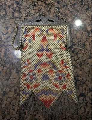 Antique Art Deco Beaded Purse Evening Bag Flapper Floral Fringe Triangular Clasp - Image 1 of 4