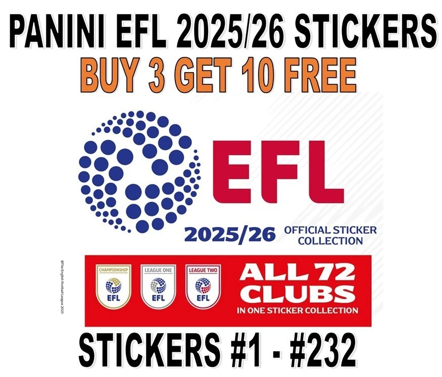COLECCIÓN DE PEGATINAS PANINI EFL 2025/26 25/26 #1 - #232 COMPRA 3 OBTÉN 10 GRATIS Foto 1 de 1