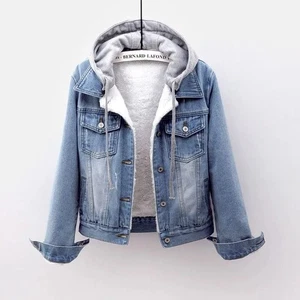Ladies Denim Jacket Women's Hooded Winter Warm Short Denim Coat XXS-3XL - Picture 1 of 14