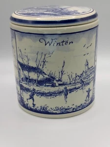 Vintage Delft Blauw Hand Painted Four Seasons White Porcelain Jar & Lid Canister - Picture 1 of 7