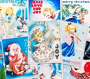 Set of 9 Vintage Retro Blue Christmas Greetings STICKERS - Just Cut & Use! - Picture 1 of 2