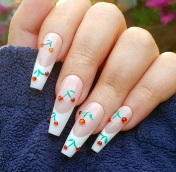 24pcs Cherry on Top Bling Press On Nails Long Coffin Fake nails with glue - Image 1 of 1