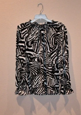 Blusa Top Informal Adrienne Vittadini Cebra Manga Larga Suave Fácil de Usar Talla Med Foto 1 de 4