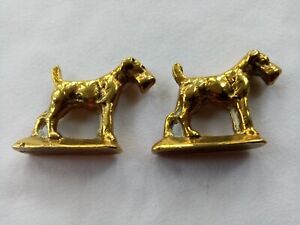 Pair of small brass dogs, possibly Airedale terriers, on stands. Excellent.