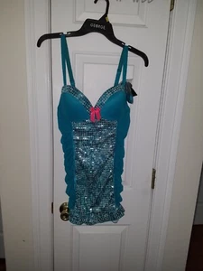 Passion Forever Bustier Embelished Slip Lingerie XL TealColor Silver Sequin NWT - Picture 1 of 10