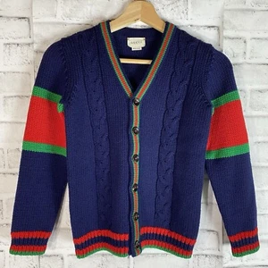 Auth Gucci Unisex Kids Sherry Line Wool V-Neck Cable Knit Cardigan Navy Size 8 - Picture 1 of 11