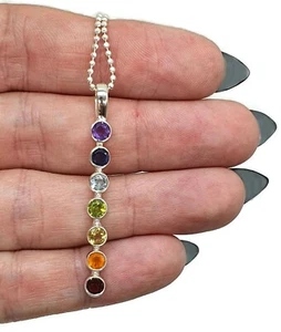Seven Chakras Pendant, Sterling Silver, Amethyst, Iolite, Blue Topaz, Peridot - Picture 1 of 10