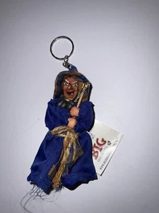 Vintage Halloween Witch Doll Keychain with Blue Fabric Dress - Picture 1 of 4