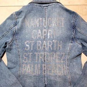 Hipchik Couture Strass Reise verziert Denim Blazer Jacke Größe 8/Med C8 - Bild 1 von 17