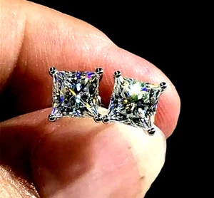 Princess Cut Lab Created Diamond Solitaire Stud Earrings 4MM 14K White Gold Over - Picture 1 of 1