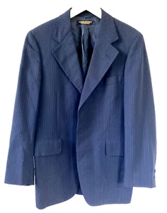 Vtg Retro 90s Hollywood Rockabilly Navy Wool Stripe Blazer Sz 39 Jacket - Picture 1 of 12