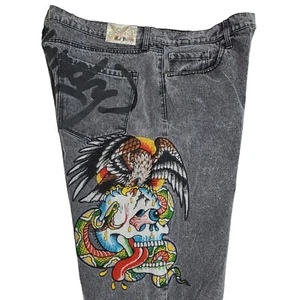 Ed Hardy Mens 42x32 Loose Fit Embroidered Skull Eagle Black Jeans - Picture 1 of 10