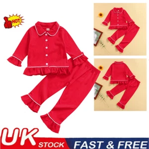 Boys Girls Cotton Pyjamas Nightwear Tops Pants Pjs Ruffle Sleepwear Outfits Kids - Picture 1 of 8