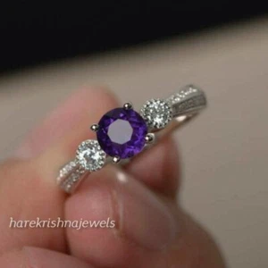 1.55CT Genuine Round Cut Amethyst Engagement Wedding Ring 14K White Gold Finish - Picture 1 of 5