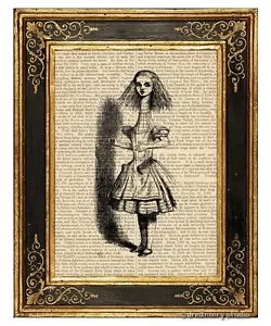 Alice in Wonderland Art Print on Vintage Book Page Story Book Long Neck - Picture 1 of 3