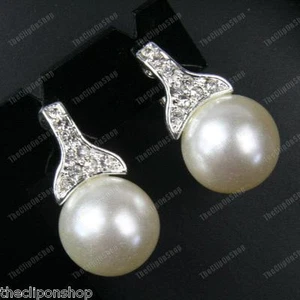 PENDIENTES GRANDES DE PERLAS Y CRISTAL DE MARFIL CLIPS NO PERFORADOS plata estrás - Imagen 1 de 5