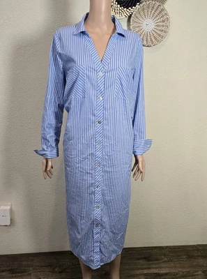 Ellen Tracy Womens Blue Striped Collared Belted Shirt Dress Size Large  - Image 1 of 4