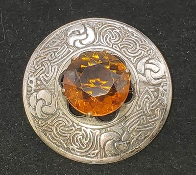 Antique Celtic Scottish Kilt Pin Engraved Picts Silver Huge Cairngorm Citrine - Image 1 of 4
