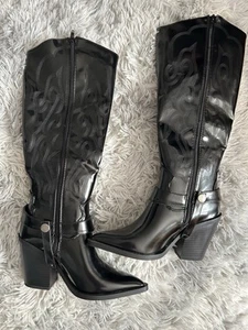 Brand New Black Knee Length Cowboy Boots Size 4 Medium Heel - Picture 1 of 7
