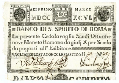 89 SCUDI CEDOLA BANCO DI SANTO SPIRITO DI ROMA 01/03/1796 SUP - Image 1 of 4