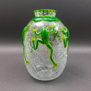 Vintage Applied Five Green Frogs In Relief Clear Crackle Glass Vase 10 1/8" - Picture 1 of 8