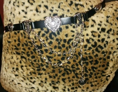 NEW! Haute Hippie Black/ Silvertone 4 Heart Charms Dangle Belt One Size NWT Rare - Image 1 of 4