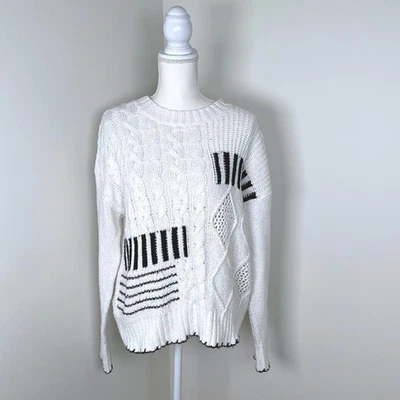 BKE негабаритный белый кабель вязаный свитер XS черная полоса лоскутное одеяло пуловер - Изображение 1 из 4