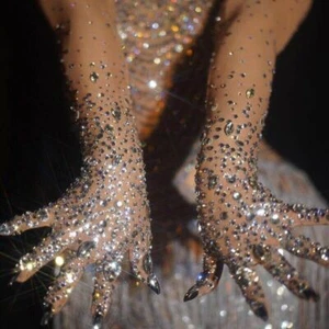 Guantes elásticos de diamantes de imitación para mujer malla brillante guantes largos para espectáculos de escenario accesorios - Imagen 1 de 9