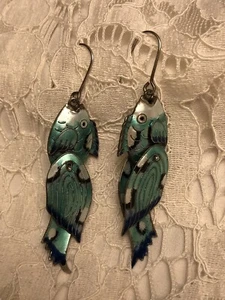 Vintage Chinese Enamel On Sterling Silver Fish Dangle Drop Earrings Articulated - Picture 1 of 8