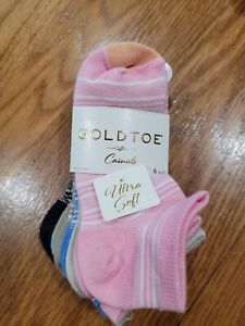NWT Woman's GOLDTOE 6 Pack Ultra Soft Liner Socks Striped Multi Color 6 Pair 6-9