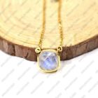 Cushion Faceted Cut Real Rainbow Moonstone Charm Pendant Chain Necklace 14k Gold