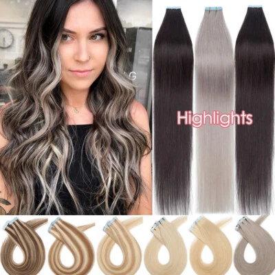 Cinta en extensiones de cabello humano 100 % gruesa real cinta en trama de piel 40 piezas gris 100 g Foto 1 de 4