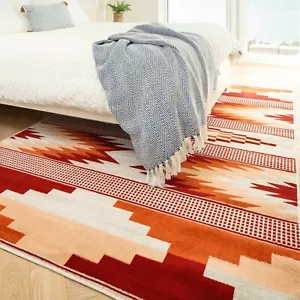 Tribal Aztec Rug Terracotta Geometric Stylish Popular Flatweave Bedroom Area Mat - Picture 1 of 12
