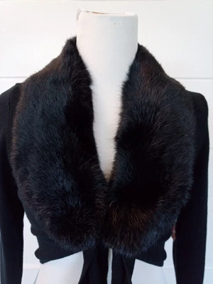 VTG Black Wool Cardigan Fur Collar Tie Up Shawl Shrug Bolero Samuel Dong Size S - Image 1 of 4