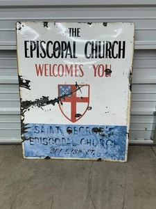 ORIGINAL Vintage BISCHÖFSKIRCHE doppelseitiges PORZELLAN Schild alt Werbung - Bild 1 von 24