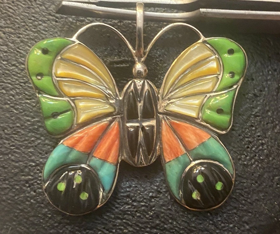 Broche colgante mariposa con incrustación de concha de piedra firmado plata 925 marca fabricante Foto 1 de 4