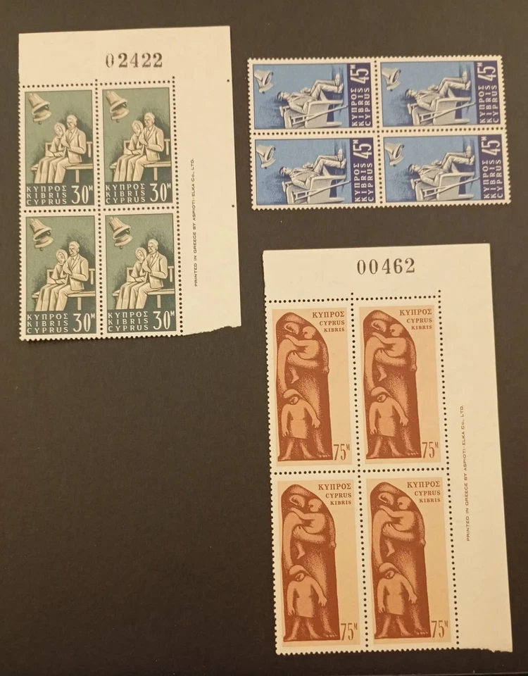 CYPRUS-1965 Social Insurance Law set of 3 values. Blocks of 4 in MNH condition. - Image 1 of 1