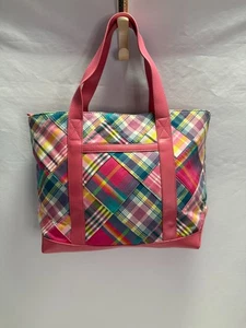 Talbots Pink Plaid Tote Bag Cotton Pink Leather Trim Preppy Large Shoulder Bag - Picture 1 of 12