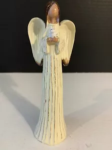 Christmas Slender White Gown Angel With Brown Tip Wings Figurine Holding A Dove - Picture 1 of 5