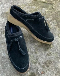 LANDS END Mules 8 GAMUZA FORRADO SHERPA Zuecos sin cordones Crepe Cuña Suela BORLA Negro - Imagen 1 de 6