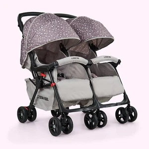 Star Kidz Lusso Double/Twin Tandem Pram Stroller - Silver Leaves - Picture 1 of 8