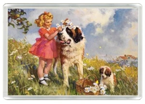 SAINT BERNARD GIRL & PUPPY DOG PRINT NOVELTY ACRYLIC FRIDGE MAGNET GREAT GIFT - Picture 1 of 1