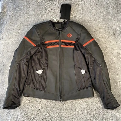 Chaqueta de cuero para motocicleta Harley Davidson Brawler talla grande para mujer negra naranja Foto 1 de 4